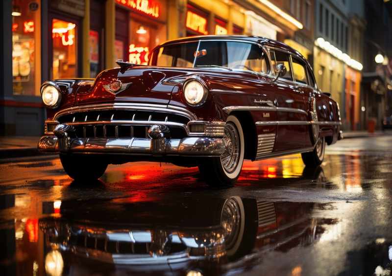 Red Cadilac driving down the road | Canvas