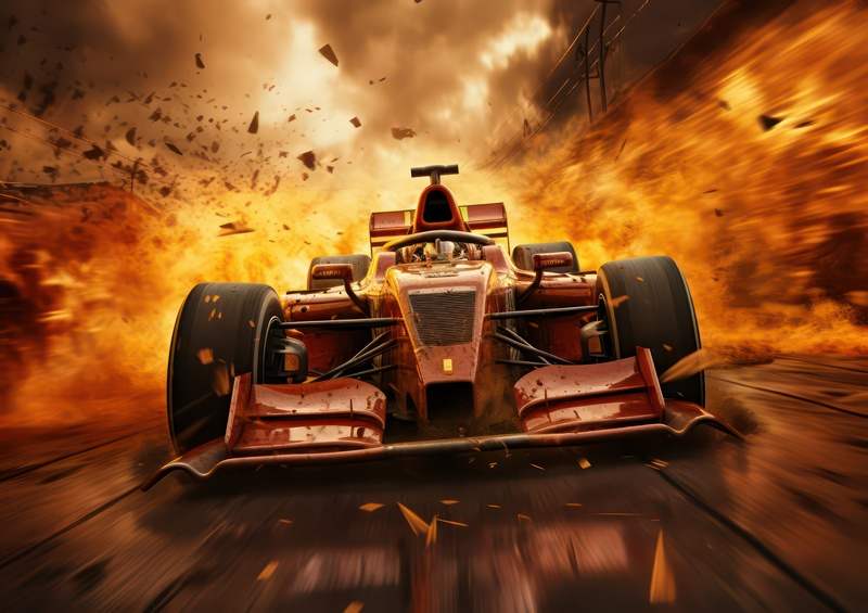 Red Formula one car driving through fire | Canvas