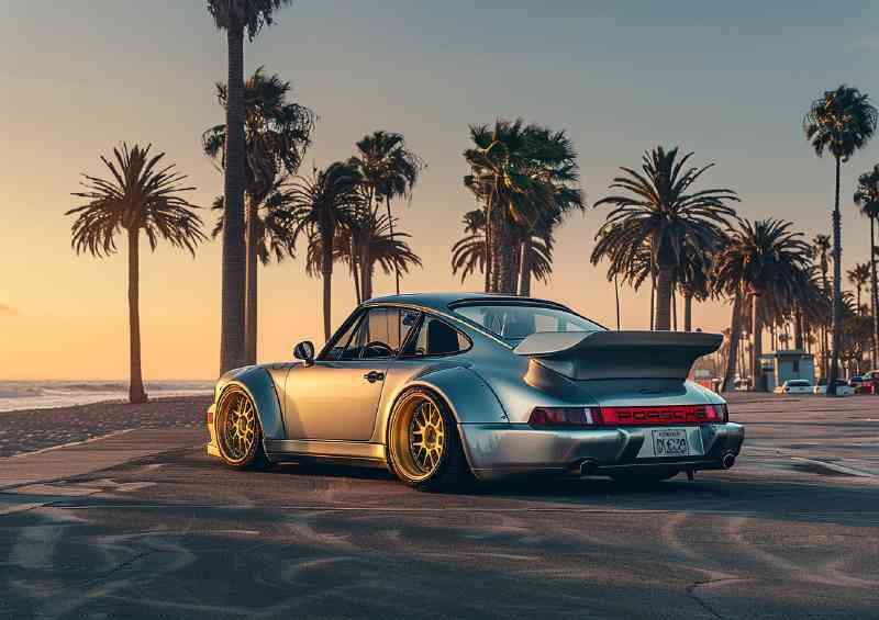 Silver Porsche 964 widebody parked on bay | Poster