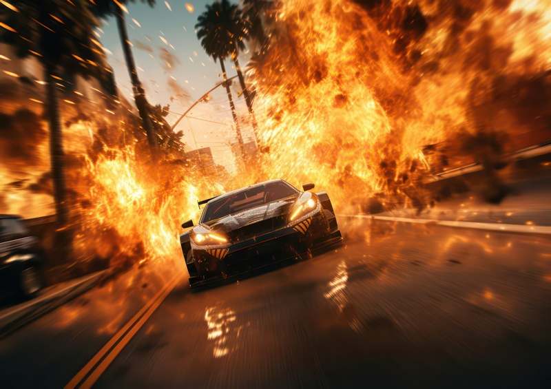 Super Car Driving Through The Streets Of Fire | Metal Poster