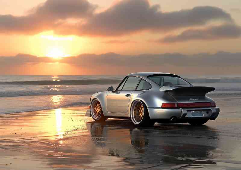 Widebody Porsche 964 beach at sunset gold | Poster