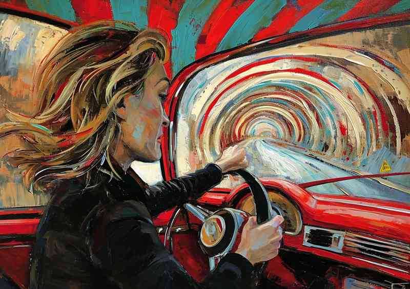 Woman driving through colourful tunnel | Poster