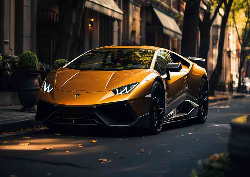 Yellow Lamborghini sports car parked along the road | Metal Poster