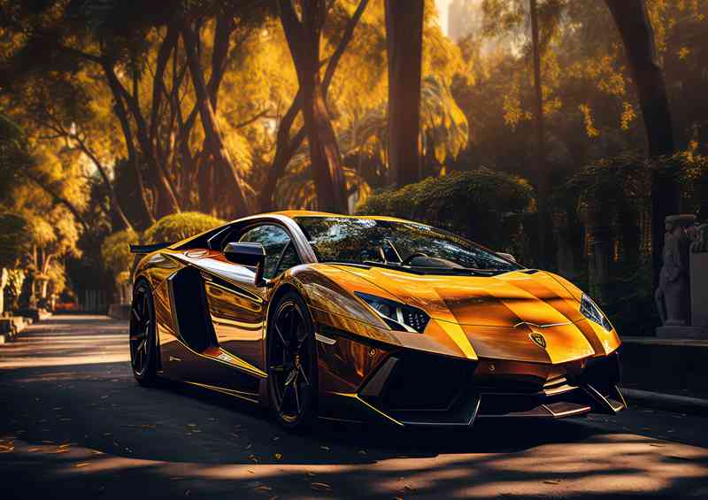 Yellow super car parked next to the trees | Canvas