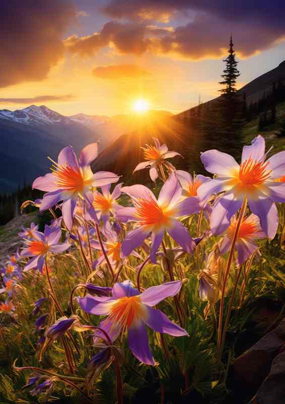 purple style flowers on the embankment of a mountain | Poster