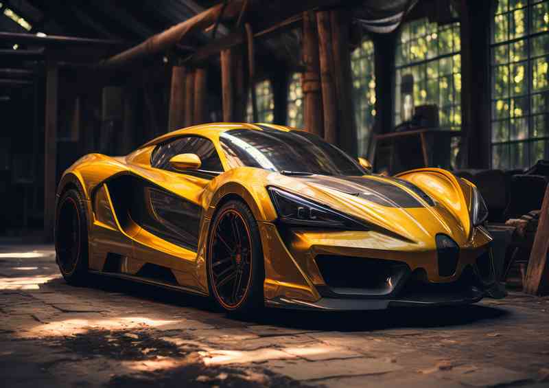 Yellow super sports car with black stripes | Metal Poster