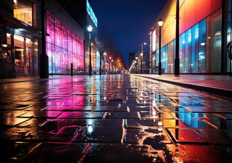 City Street view wet pavments | Metal Poster