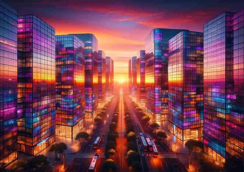Cityscape at dawn where buildings made entirely of colorful | Poster