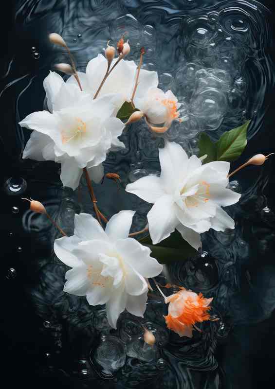 white flowers in the water with a hint of orange | Canvas