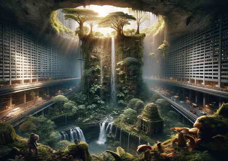 lush jungle in a vast cavern of a modern city | Canvas