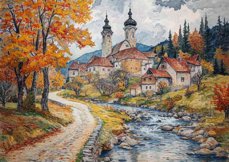 Art Nouveau painting stream and village Romaina | Metal Poster