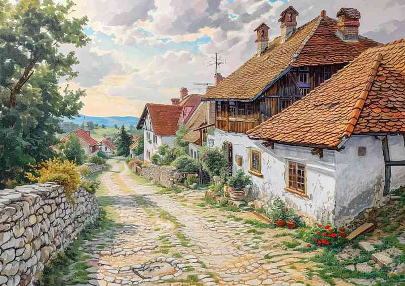 Painting of a Village in Romaina | Di-Bond
