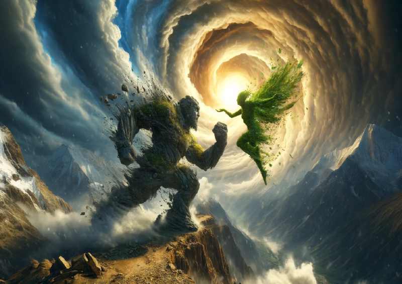 Battle between an Earth golem and a Wind sylph | Poster
