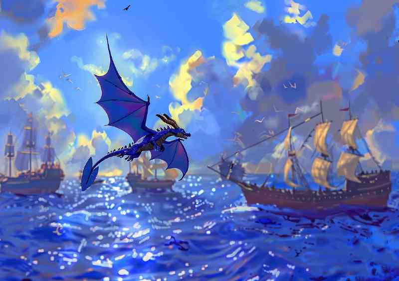 Blue Dragon flying over the sea with ships | Metal Poster