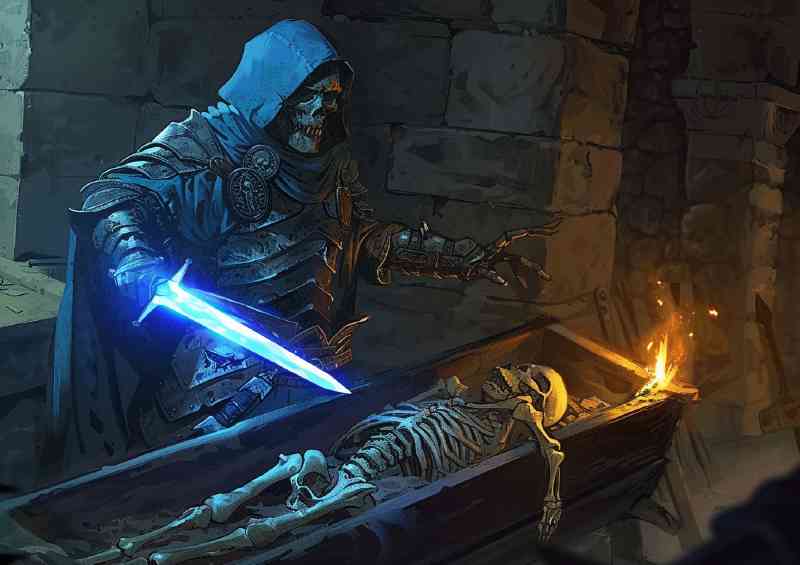 Blue cloaked and hooded Skeleton with a glowing sword | Metal Poster