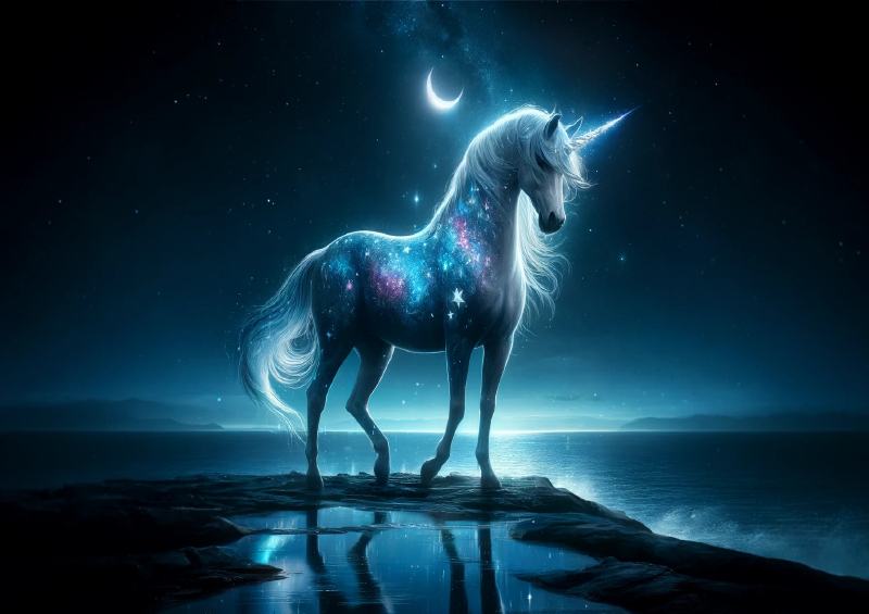 Celestial Unicorn shimmering with starry blue and silver | Metal Poster