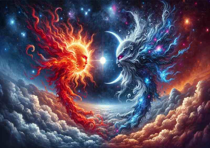 Celestial battle between a Sun spirit and a Moon specter | Poster
