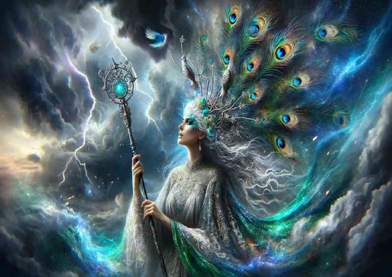Celestial goddess flowing silver hair peacock feather crown | Poster