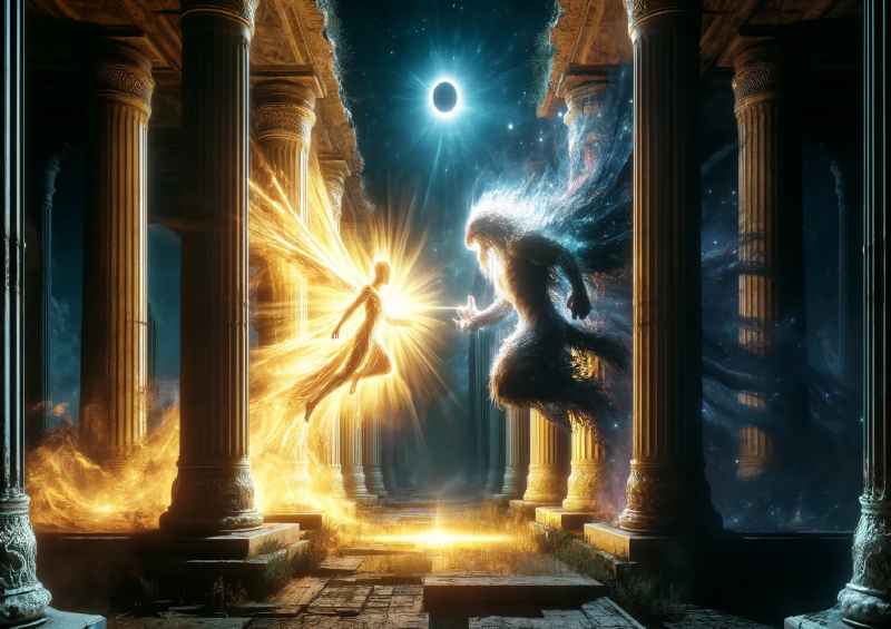 Clash between a light elemental and a shadow beast | Canvas