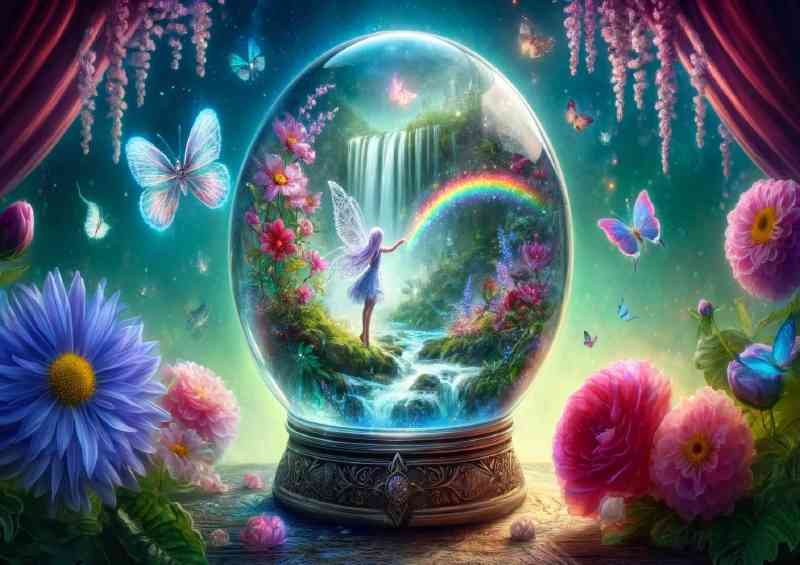 Crystal globe capturing a magical world with a delicate fairy dancing | Metal Poster