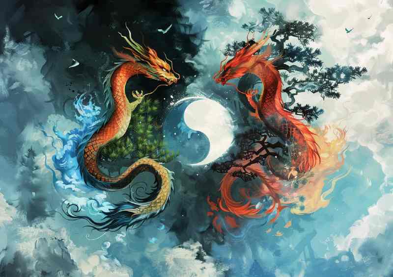 Dragon and Phoenix coiled around the yin yang symbol | Di-Bond