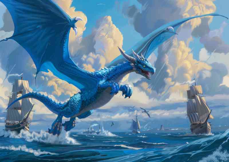 Dragon flying over the sea with ships | Metal Poster