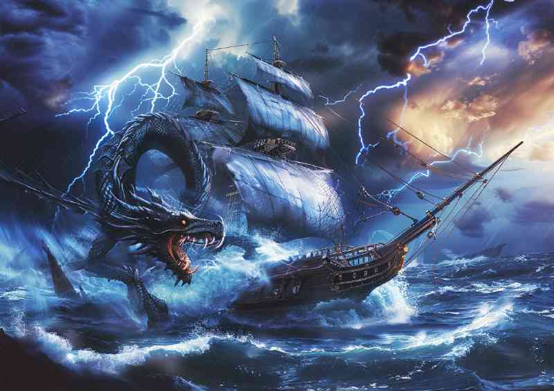 Dragon in the ocean attacking an old sailing Ship | Poster