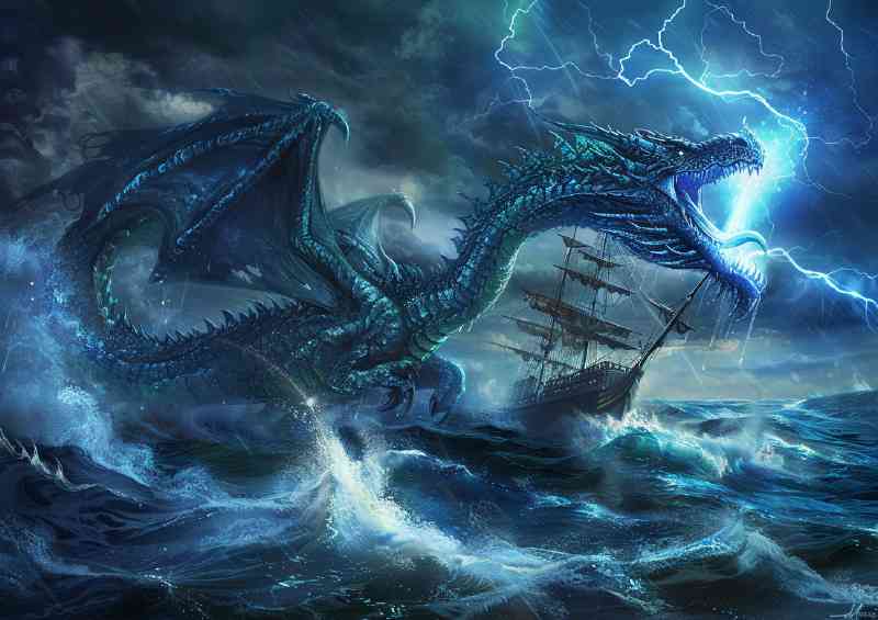 Dragon in the sea its body wrapped around an old sailing ship | Poster