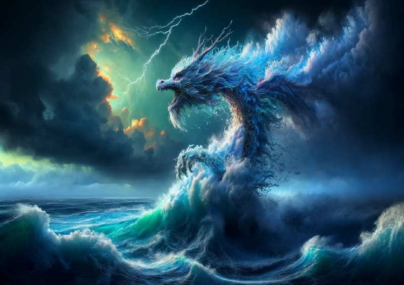 Dragon made of flowing water soaring above an ocean | Canvas