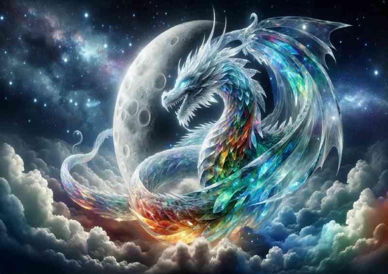Dragon made of translucent crystal moon in the night sky | Canvas