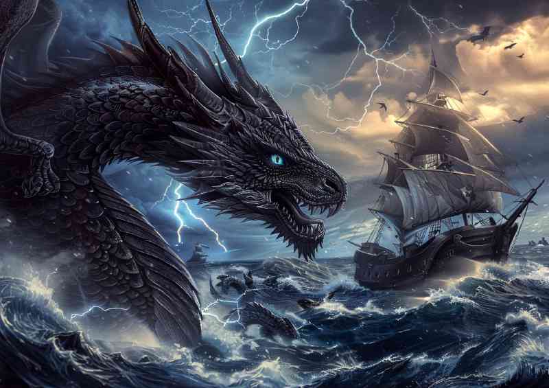 Dragon with blue eyes and black scales in the sea | Di-Bond