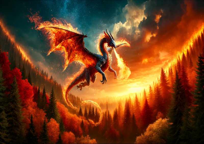 Dragon wrapped in flames soaring above a forest ablaze | Poster