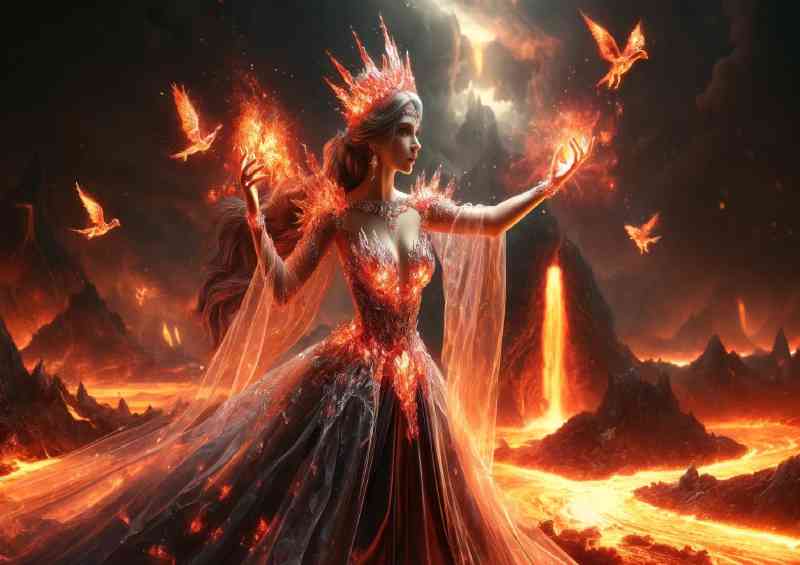 Enchantress clad in a fiery crystal with a volcanic eruption | Poster