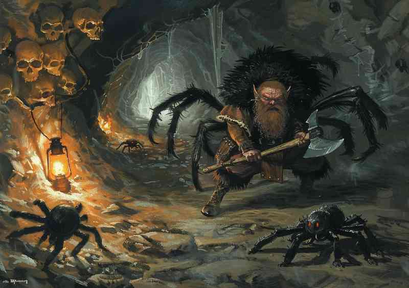 Fantasy Dwarf fighting monster spiders | Poster