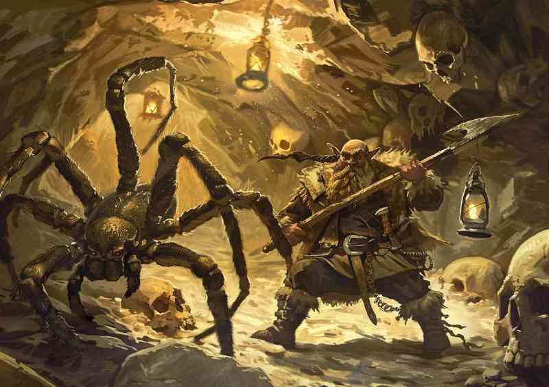 Fantasy Dwarf wearing furs and wielding an axe fighting | Canvas