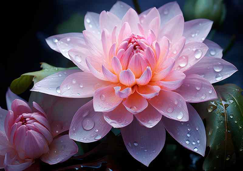 Water droplets on a pink flower reflects | Poster