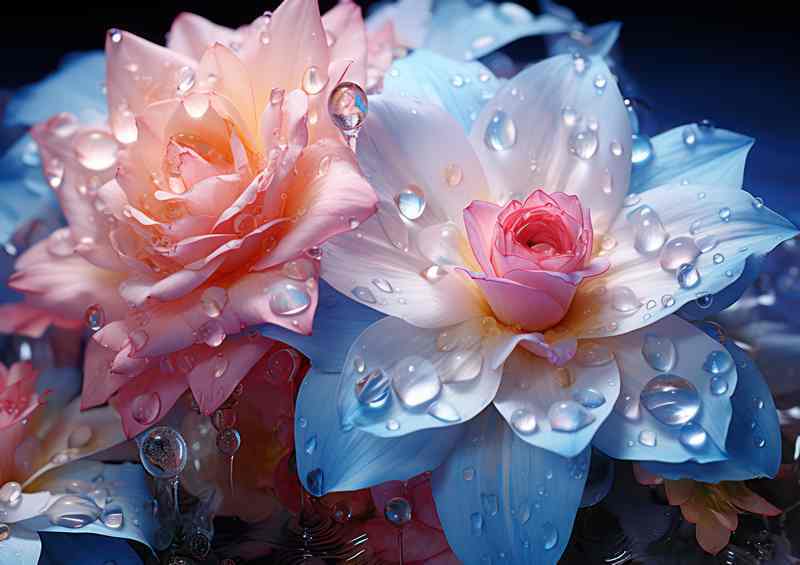 Water droplets on a pink flower reflects blue | Canvas