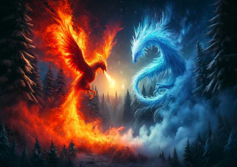 Fiery phoenix and an Ice dragon set in a mystical forest | Poster
