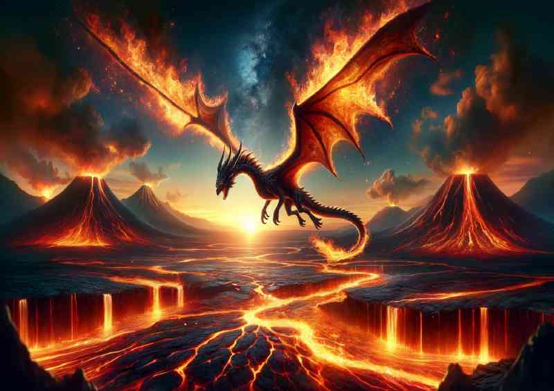 Fire Dragon soaring above a volcanic its wings casting flames | Poster