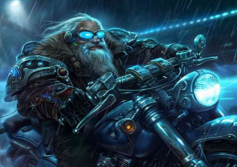 Gnome riding his motorcycle in the rain | Canvas