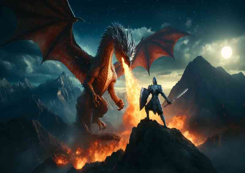 Heroic knight dueling a colossal fire breathing dragon | Metal Poster