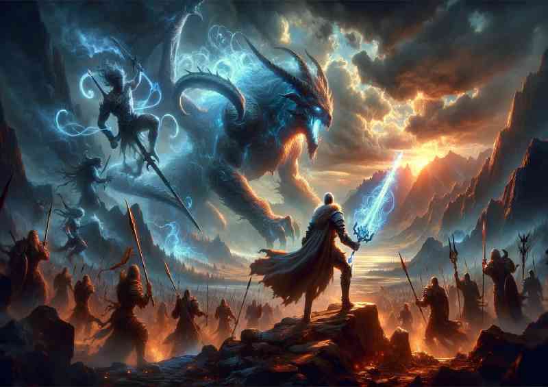 Heroic stand against a mythical beast with the central figure | Poster