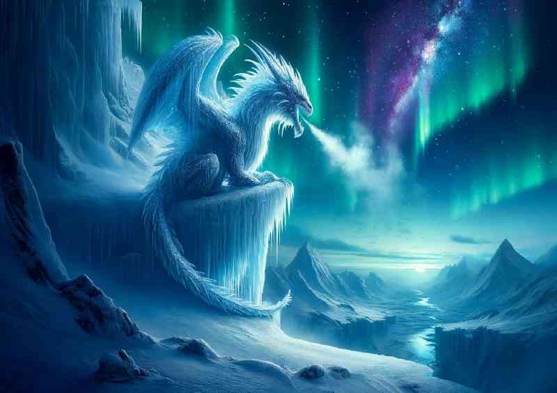 Ice Dragon perched on a snow covered cliff its chilling mist | Poster