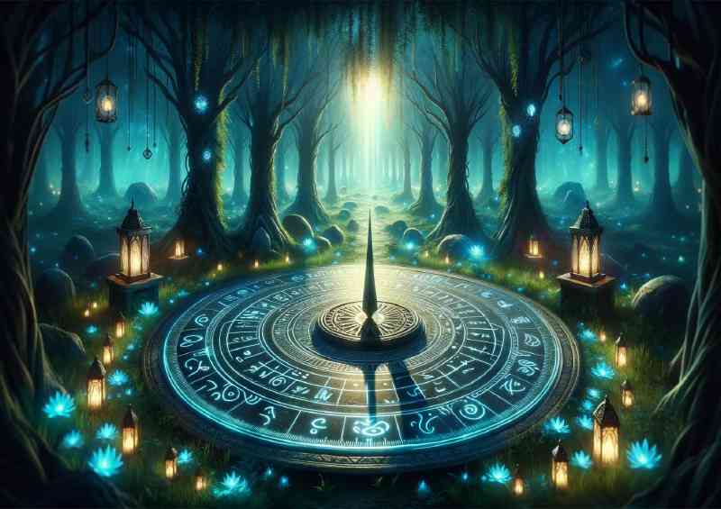 Ancient sundial positioned at the heart of a magical grove | Poster