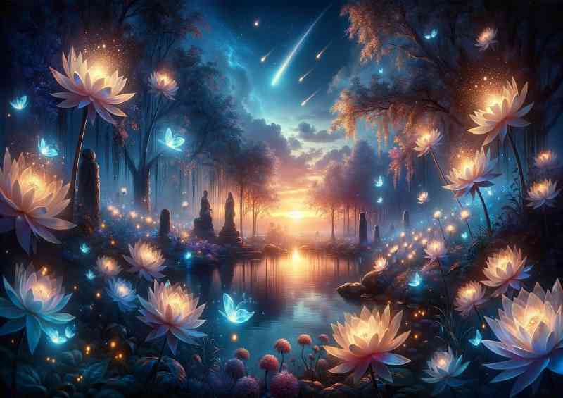 Celestial garden at dusk with ethereal flowers soft glowing light | Poster
