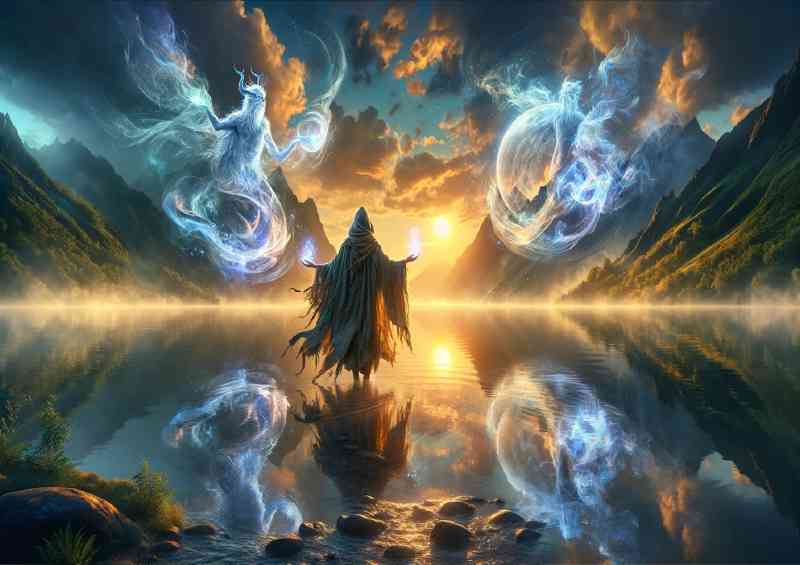 Druid accompanied by elemental spirits by a mystical lake at dusk | Di-Bond