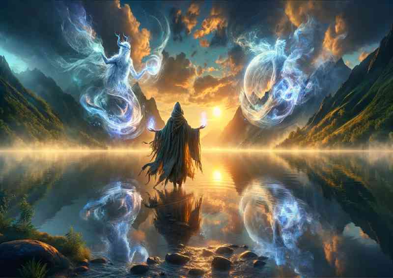 Druid accompanied by elemental spirits by a mystical lake at dusk | Poster