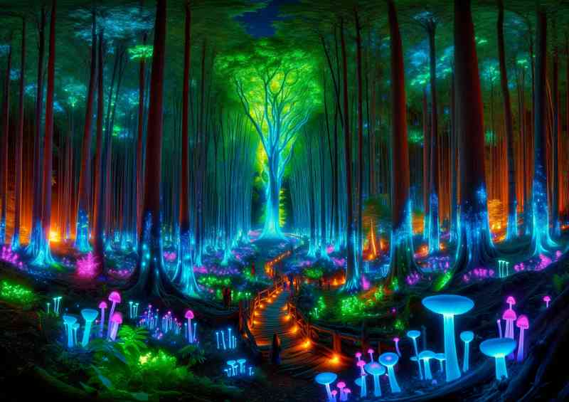 Enchanted forest with towering bioluminescent trees | Canvas