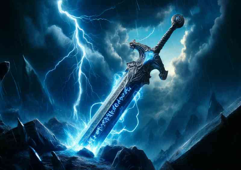 Enchanted sword glowing intensely with blue fire | Canvas