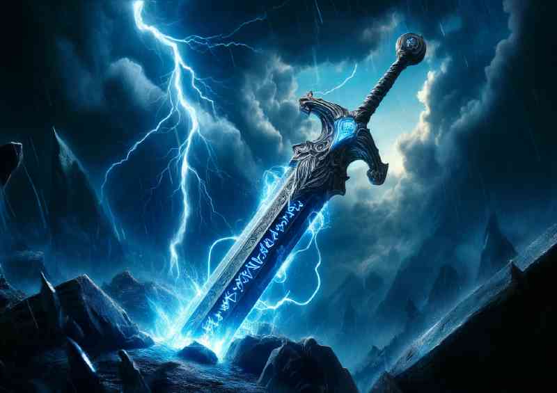 Enchanted sword glowing intensely with blue fire | Poster